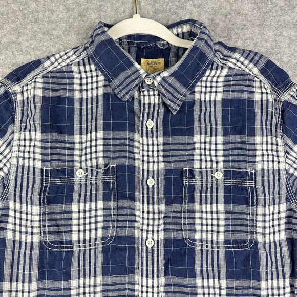 TreVero Shirt Mens Large Blue White Plaid Linen Short Sleeve Button Up Casual - Picture 7 of 10